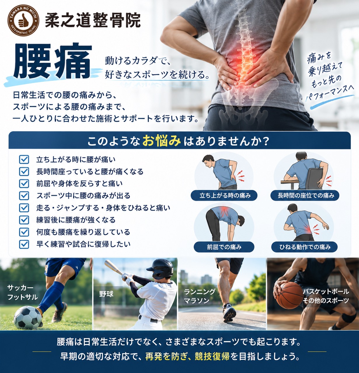 腰痛・スポーツ腰痛の主な症状｜大阪市西区堀江の柔之道整骨院